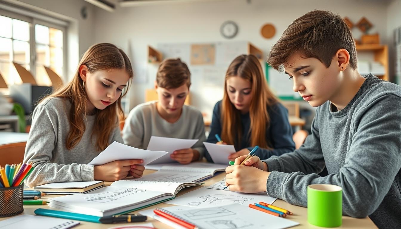 Students studying together in modern classroom